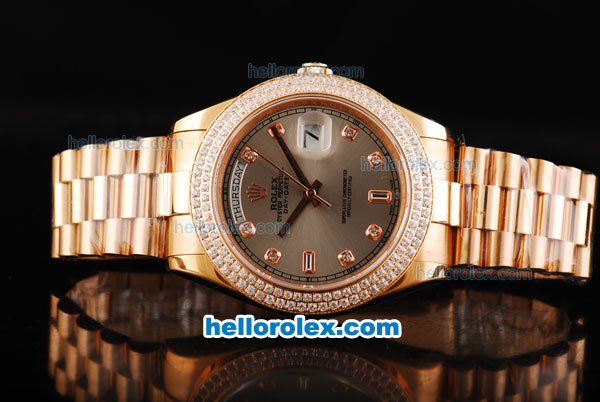 Rolex Day Date II Automatic Movement Full Rose Gold with Double Row Diamond Bezel-Diamond Markers and Grey Dial - Click Image to Close